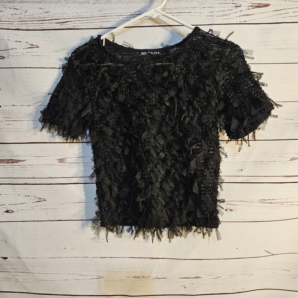 Zara Black Textured Fringe Short Sleeve Top Party Clubbing Statement SZ SMALL